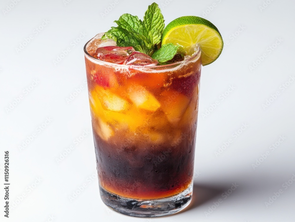 A colorful layered drink with ice, mint, and lime, served in a clear glass. A colorful layered drink with ice, mint, and lime, served in a clear glass.