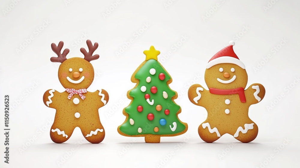 Playful 3D Cartoon Christmas Scene Featuring a Reindeer, Christmas Tree, and Large Gingerbread Cookie for Kids, Capturing Festive Spirit and Whimsical Holiday Charm on a White Background.
