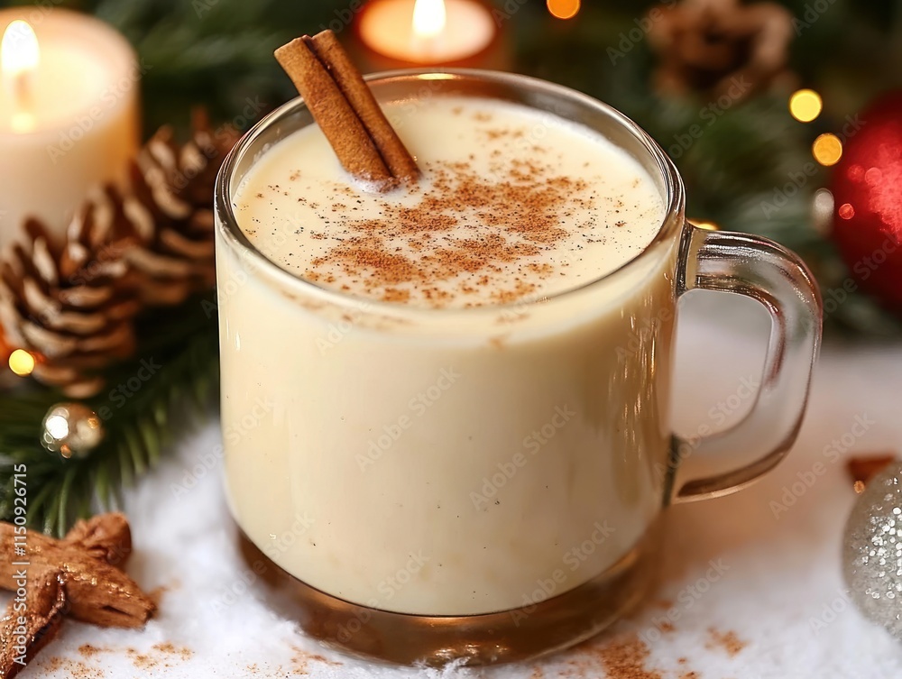 A festive drink in a glass mug, garnished with cinnamon and nutmeg, surrounded by holiday decor. A festive drink in a glass mug, garnished with cinnamon and nutmeg, surrounded by holiday decor.