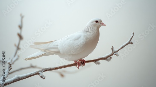 White dove perched on a snow-covered branch in winter.