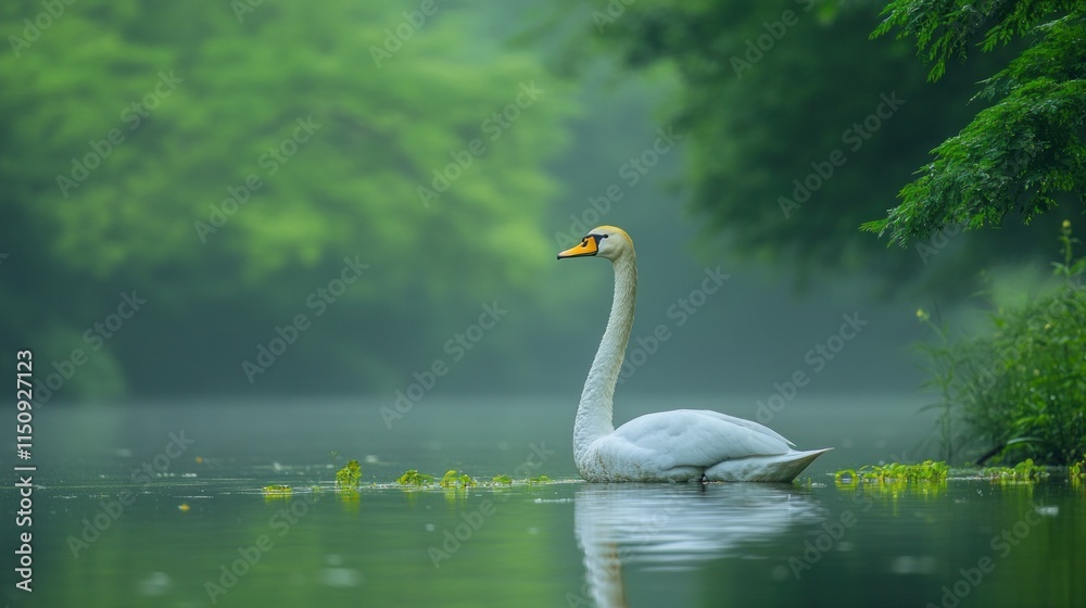 A serene swan gliding through a misty, tranquil lake surrounded by lush greenery. A serene swan gliding through a misty, tranquil lake surrounded by lush greenery.