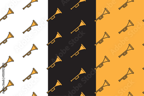 trumpet, horn, bugle seamless pattern on white black yellow background for packaging and merchandise.  trumpet, horn, bugle doodle pattern background. pattern of trumpet, horn, bugle background