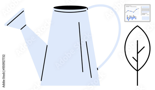 A blue watering can, a minimalist leaf, and a data chart with graphs. Ideal for business growth, environmental awareness, sustainability, financial analysis, gardening practices, data-driven