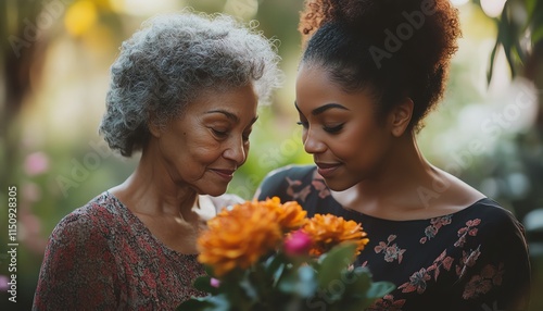 Grandmother and granddaughter sharing a special moment, older woman handing a flower to the younger woman, illustrating the beauty of generational bonds