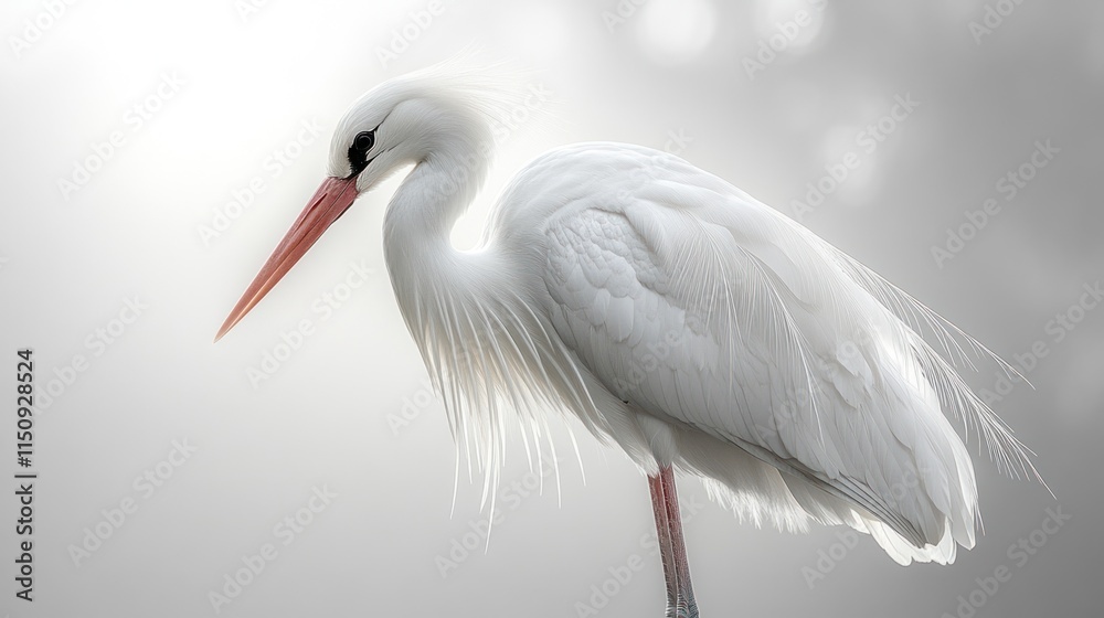 Fototapeta premium Majestic white heron standing gracefully in soft, diffused light.