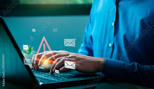 Cybersecurity Email Threat Concept with Businessman Receiving Fraudulent Messages, Highlighting Spam, Phishing Attacks, and Online Data Security Risks on Laptop, viruses, junk mail, scams