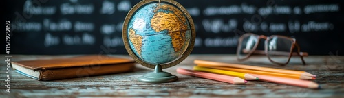 School table with essential supplies like pencils, colored pencils, school books, and a globe, background blurred with a blackboard, representing back to school photo