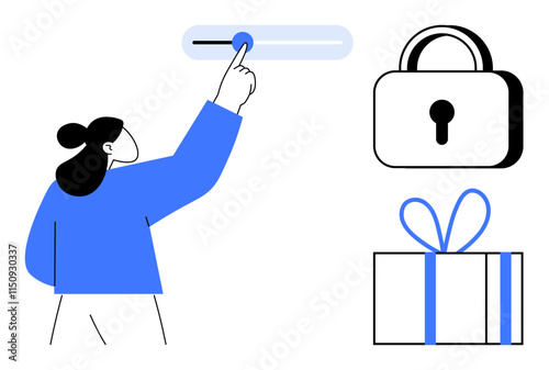 Person moving a slider, representing security setting adjustments next to a lock and gift box. Ideal for data protection, cybersecurity, user settings, privacy, account access, presents, digital