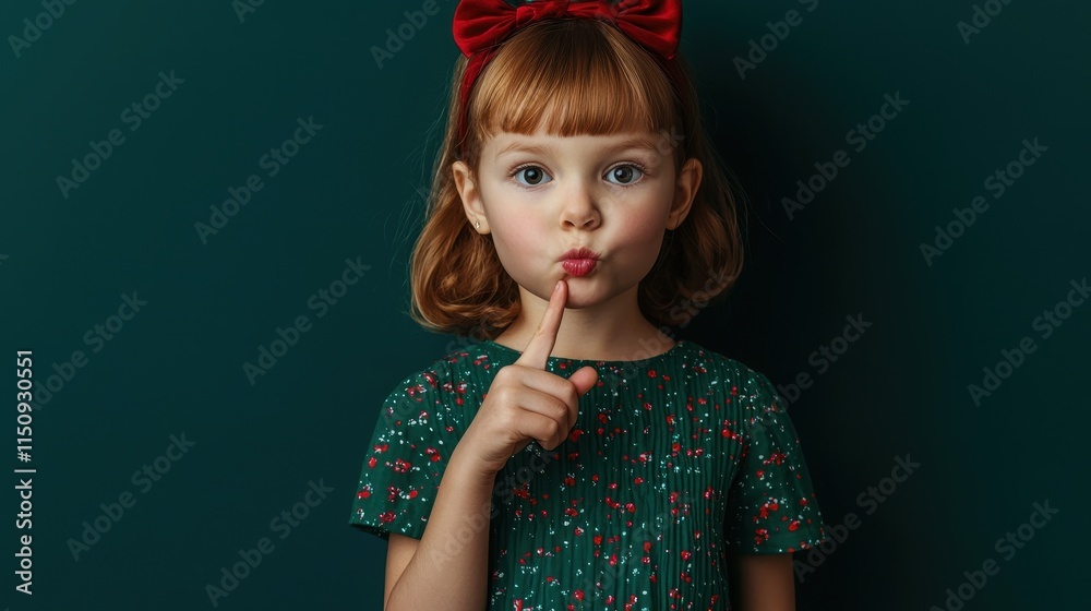 Silent child portrait studio setting photography green background close-up whimsical concept Silent child portrait studio setting photography green background close-up whimsical concept