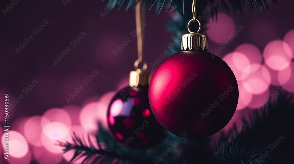 Christmas background with pink ornaments and fir tree branches on a shiny glitter background Christmas background with pink ornaments and fir tree branches on a shiny glitter background