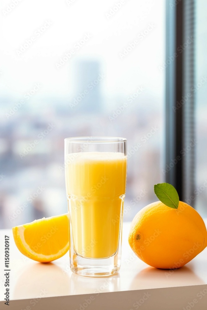 Glass of Orange Juice on a Table with Bright Background Glass of Orange Juice on a Table with Bright Background