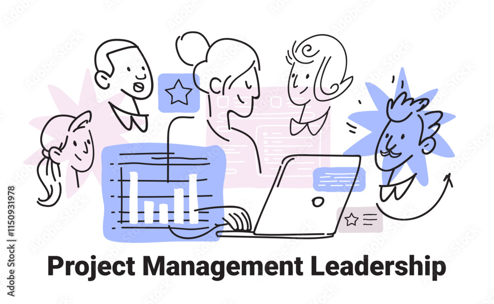 Obraz premium Project management leadership teamwork concept with diverse faces laptop charts stars in minimalist hand drawn style