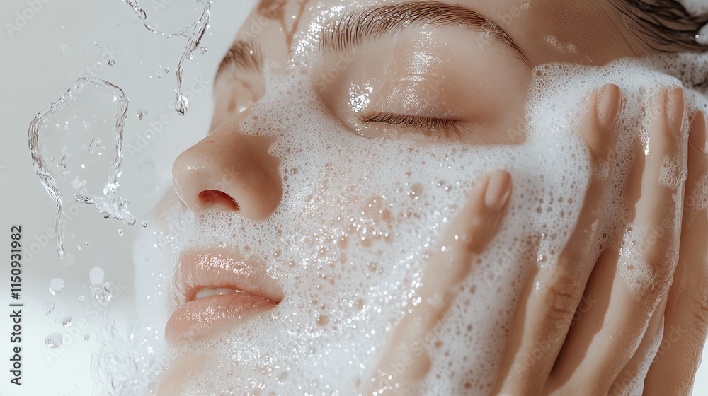 A gentle foam cleanser being applied to the skin, creating soft bubbles, on white background A gentle foam cleanser being applied to the skin, creating soft bubbles, on white background