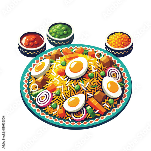 Biryani, showcasing colorful rice with chunks of meat, fried onions, and boiled eggs