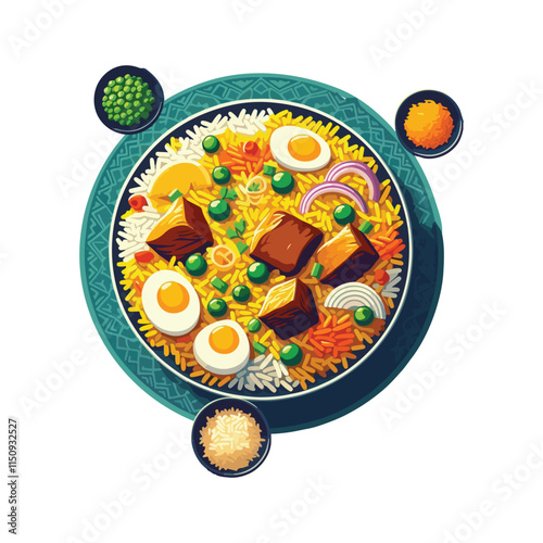 Biryani, showcasing colorful rice with chunks of meat, fried onions, and boiled eggs