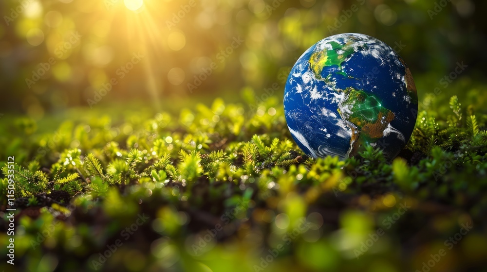 Earth globe resting on lush green moss in sunlight. Earth globe resting on lush green moss in sunlight.