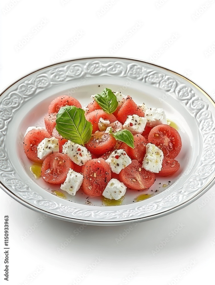 A fresh salad featuring sliced tomatoes, feta cheese, and basil, drizzled with olive oil. A fresh salad featuring sliced tomatoes, feta cheese, and basil, drizzled with olive oil.