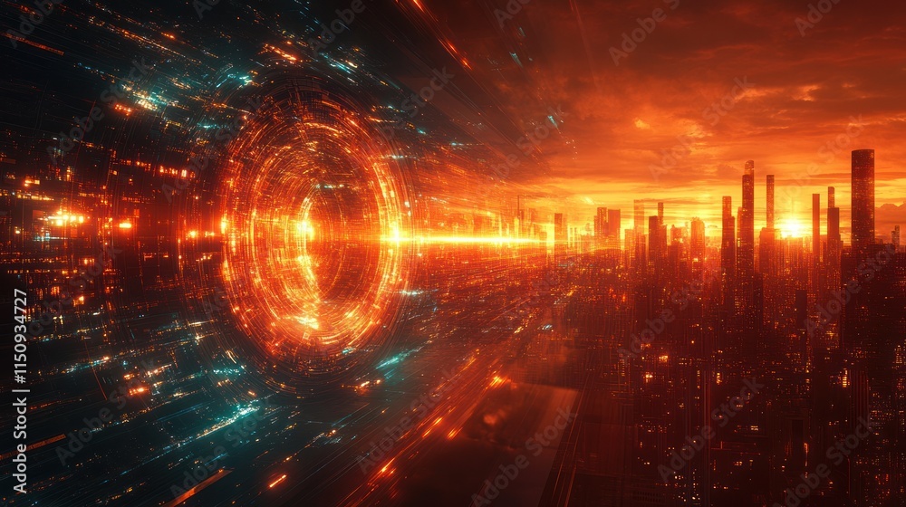 Obraz premium Futuristic city, fiery sunset, digital portal.