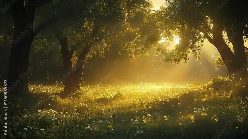Magical golden glow in a serene forest at sunset, filled with luminescent fireflies.
