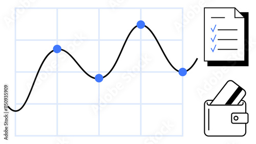 Business graph with trend line and data points, checklist with check marks, and wallet with credit cards. Ideal for financial planning, budgeting, business strategy, market analysis, investment