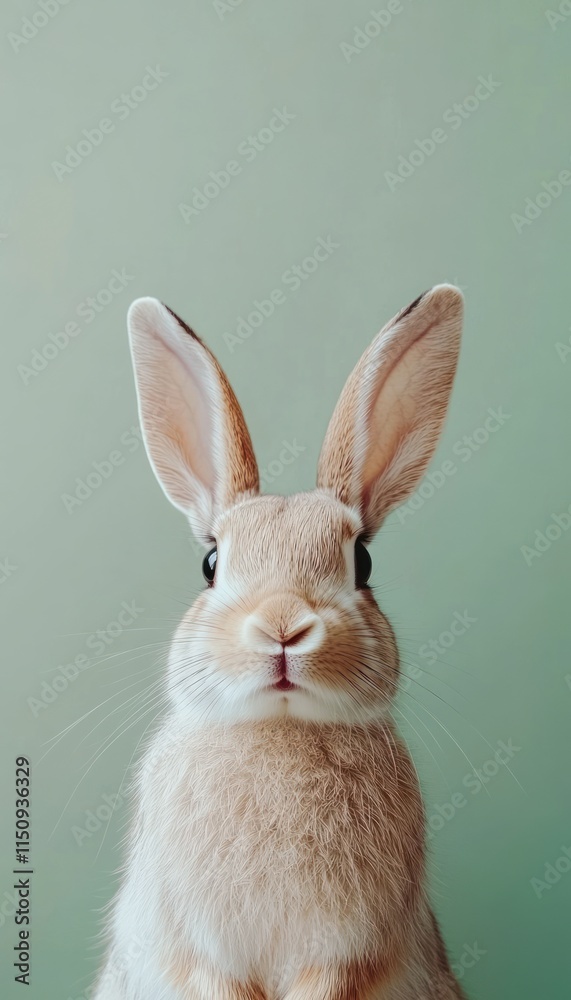 Obraz premium A close-up of a rabbit with large ears against a soft green background.
