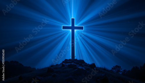 Illuminated blue cross on rocky hill with radiant beams of light, spiritual symbol