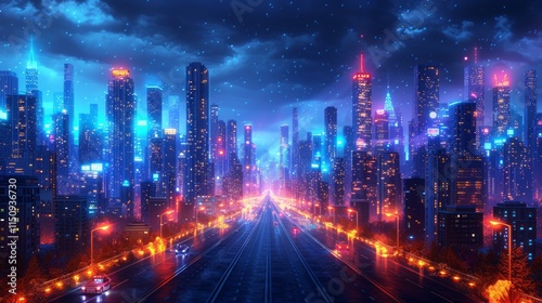 Futuristic city skyline at night, rain, glowing buildings, highway.