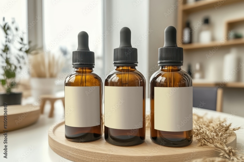 A set of three amber dropper bottles with blank labels arranged on a wooden tray, suggesting organization and minimalistic aesthetic in a home or retail setting. A set of three amber dropper bottles with blank labels arranged on a wooden tray, suggesting organization and minimalistic aesthetic in a home or retail setting.