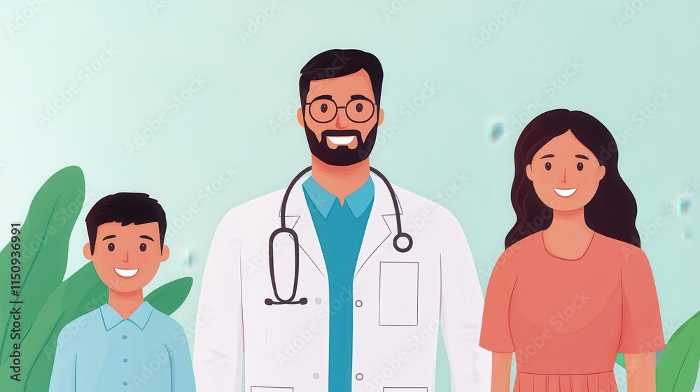 Healthcare consultation with doctor family in clinic digital illustration friendly atmosphere bright colorful background