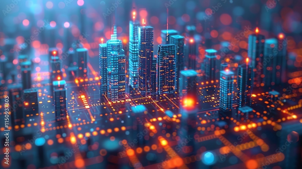 Futuristic city skyline integrated with digital circuitry, glowing with vibrant orange and blue lights. Futuristic city skyline integrated with digital circuitry, glowing with vibrant orange and blue lights.