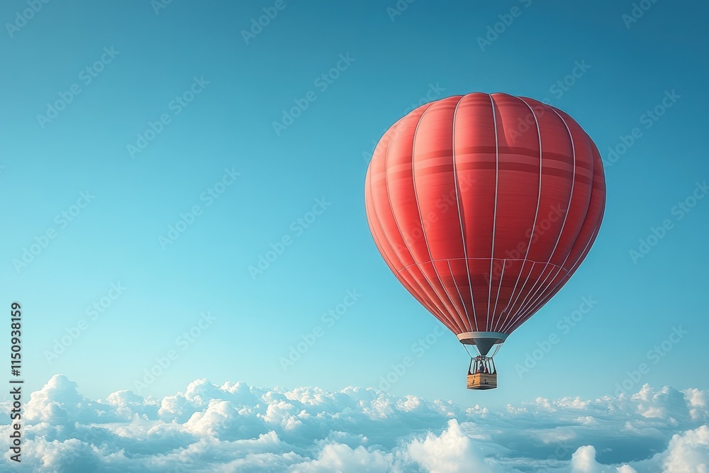 Fototapeta premium Red hot air balloon floats above clouds.
