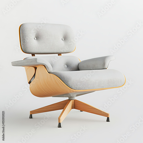 Elegant Mid-Century Modern Lounge Chair Design in Light Grey Fabric and Wooden Base photo