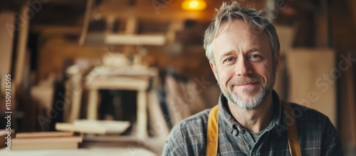 A carpenter at a workshop. A middle-aged American carpenter smiles at the camera while being at his carpentry studio, surrounded by his woodwork and wooden materials in the background.