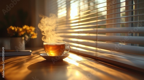 Warm tea in glass cup on windowsill at sunset.