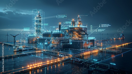 Futuristic offshore energy plant with digital overlay showing operational data at night.