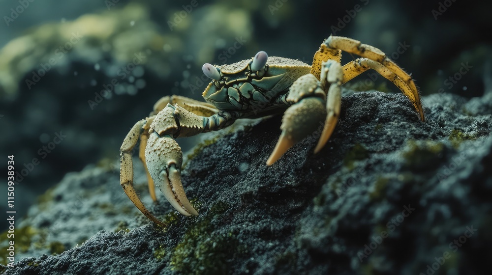 Underwater Close-up of a Live Crab Crawling on a Rocky Surface, Capturing Its Detailed Features, Natural Habitat and Movement in Crystal Clear Ocean Water Environment Underwater Close-up of a Live Crab Crawling on a Rocky Surface, Capturing Its Detailed Features, Natural Habitat and Movement in Crystal Clear Ocean Water Environment