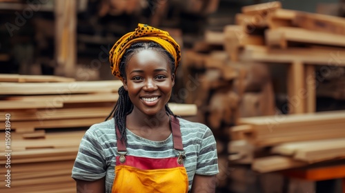 A carpenter at a workshop. An African female carpenter smiles at the camera while being at her carpentry studio, surrounded by her woodwork and wooden materials in the background.