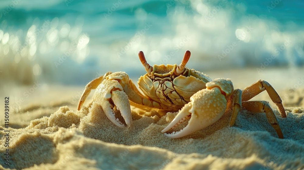 Close-Up of a Pale Crab on Sandy Beach with Waves in Background, Showcasing Detailed Features and Natural Habitat in Bright Coastal Environment Close-Up of a Pale Crab on Sandy Beach with Waves in Background, Showcasing Detailed Features and Natural Habitat in Bright Coastal Environment