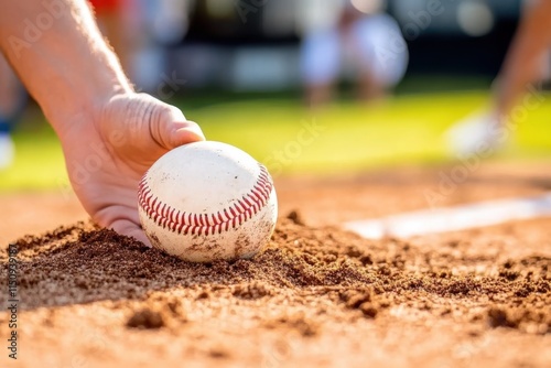 A hand gently places a baseball onto the dirt of the infield, symbolizing the beginning of a baseball game on a sunny day with blurred field players. photo