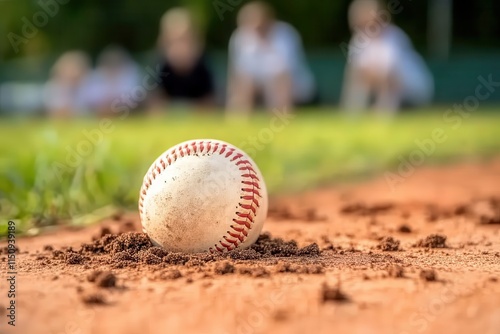 A close-up shot of a baseball resting on the red dirt of an infield with blurred figures in the background, highlighting the static moment before gameplay.