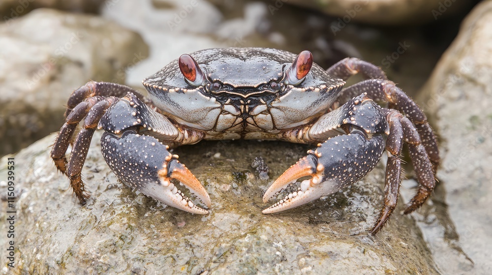 Close-Up of a European Brown Crab Resting on a Rock with Detailed Features, Intricate Shell Texture and Vivid Eyes in a Coastal Setting Close-Up of a European Brown Crab Resting on a Rock with Detailed Features, Intricate Shell Texture and Vivid Eyes in a Coastal Setting
