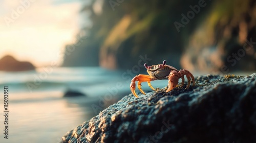 Wallpaper Mural Colorful Crab on Rocky Shoreline with Ocean and Coastal Background During Sunset, Capturing Nature’s Vibrant Beauty and Serenity in Marine Environment Torontodigital.ca