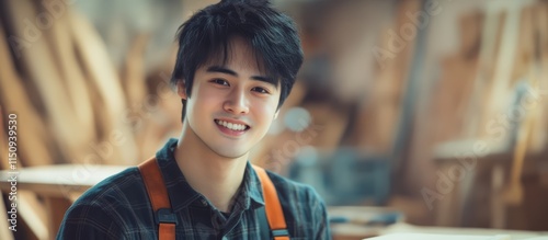A carpenter at a workshop. A young Asian capenter smiles at the camera while being at his carpentry studio, surrounded by his woodwork and wooden materials in the background.