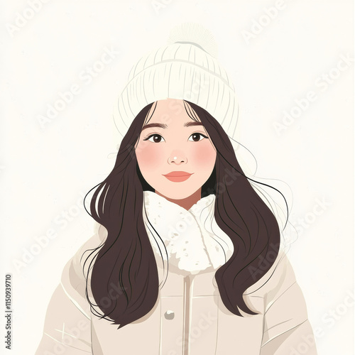 Illustration of girl wearing winter hat and coat, exuding warmth and charm photo