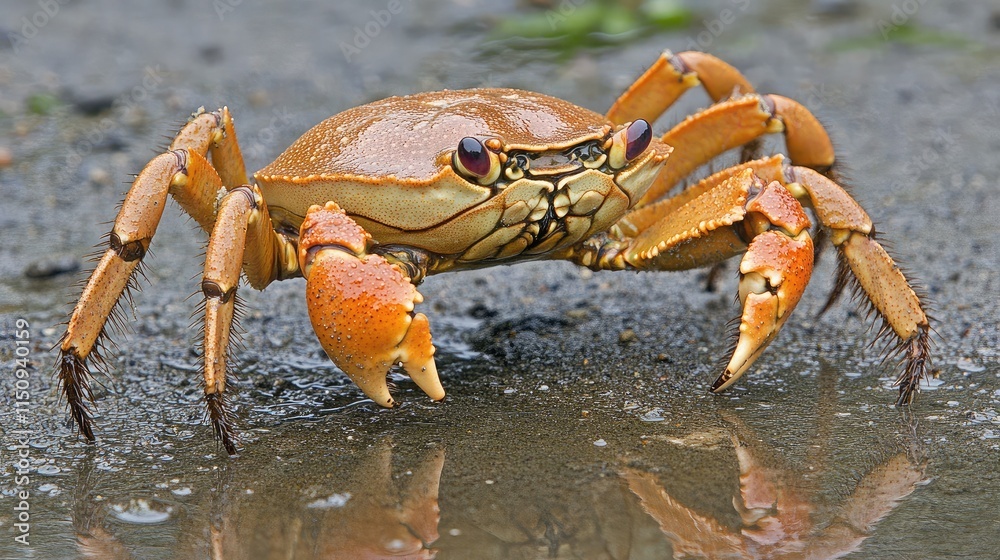 Close-Up of a Vibrant Brown Crab Walking on Wet Sand with Reflection and Natural Background in Coastal Habitat Close-Up of a Vibrant Brown Crab Walking on Wet Sand with Reflection and Natural Background in Coastal Habitat