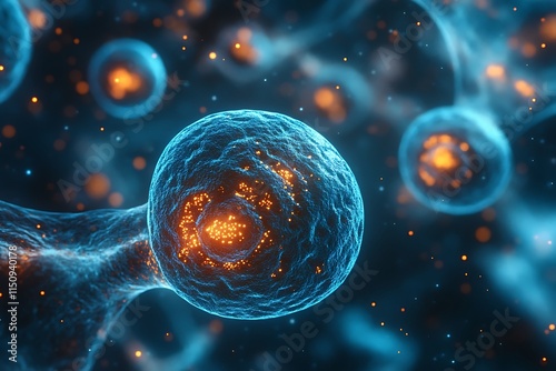 Abstract 3D Render of Microscopic Bacteria and Human Cells on Blue Background