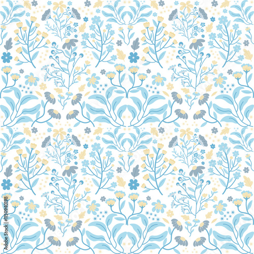 Seamless blue floral and leaf pattern on white background. Vector.