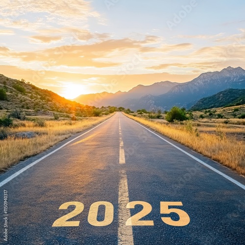 A long highway merges seamlessly with a setting sun and mountains afar, with 2025 painted on it, representing new beginnings and open-ended future exploration.