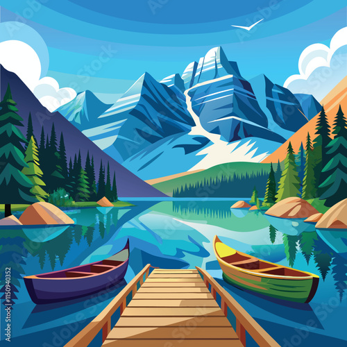 Colorful Reflections Canoes on a Peaceful Lake with Towering Mountains Vector Illustraion Art generated Ai