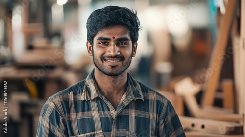 A carpenter at a workshop. A young Indian capenter smiles at the camera while being at his carpentry studio, surrounded by his woodwork and wooden materials in the background.